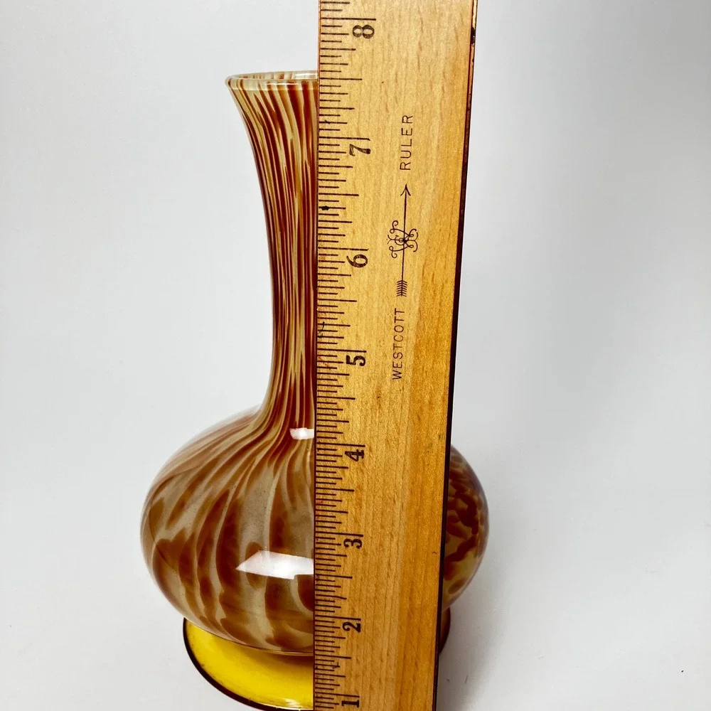 Vintage Italian Art Glass Vase - Amber Tortoise Swirl, White Cristal Style 7.5